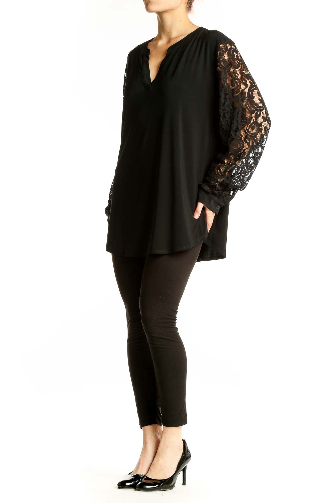 Front view of Kasper black tunic top with lace sleeves and v-neckline