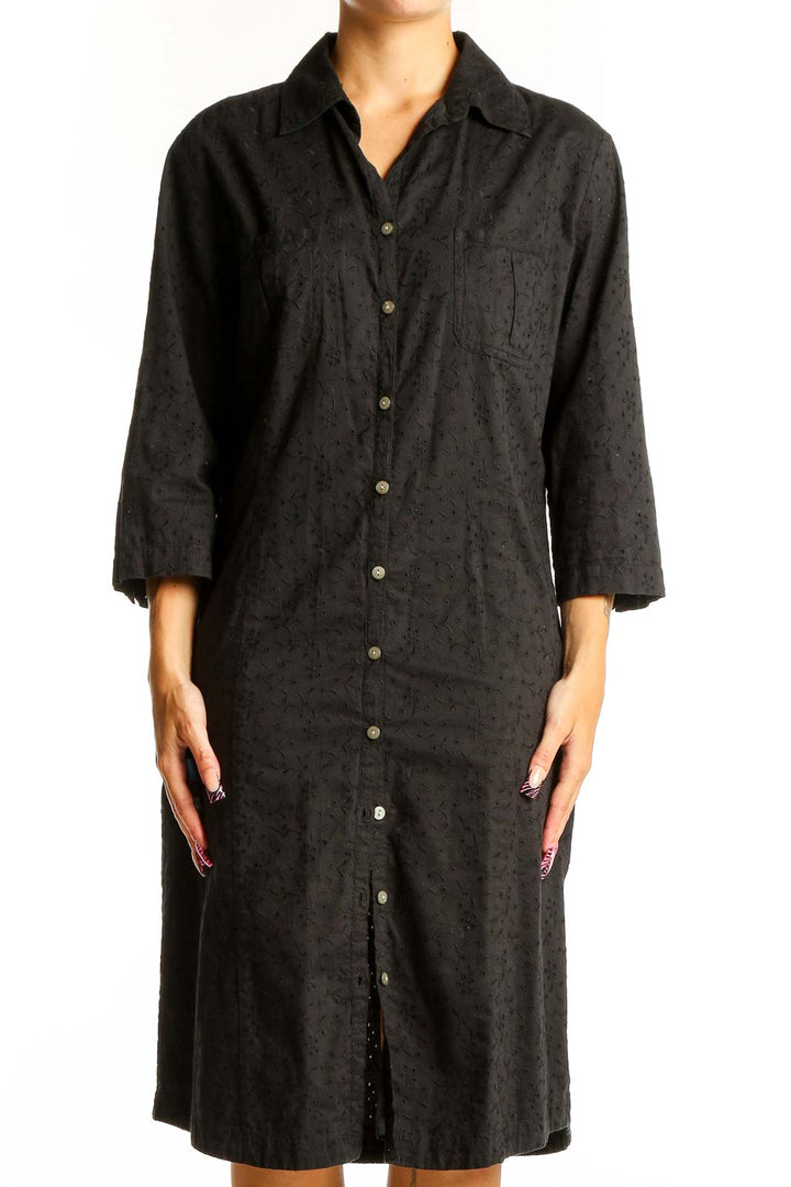 Front view of J.Jill black cotton button-down shirt dress