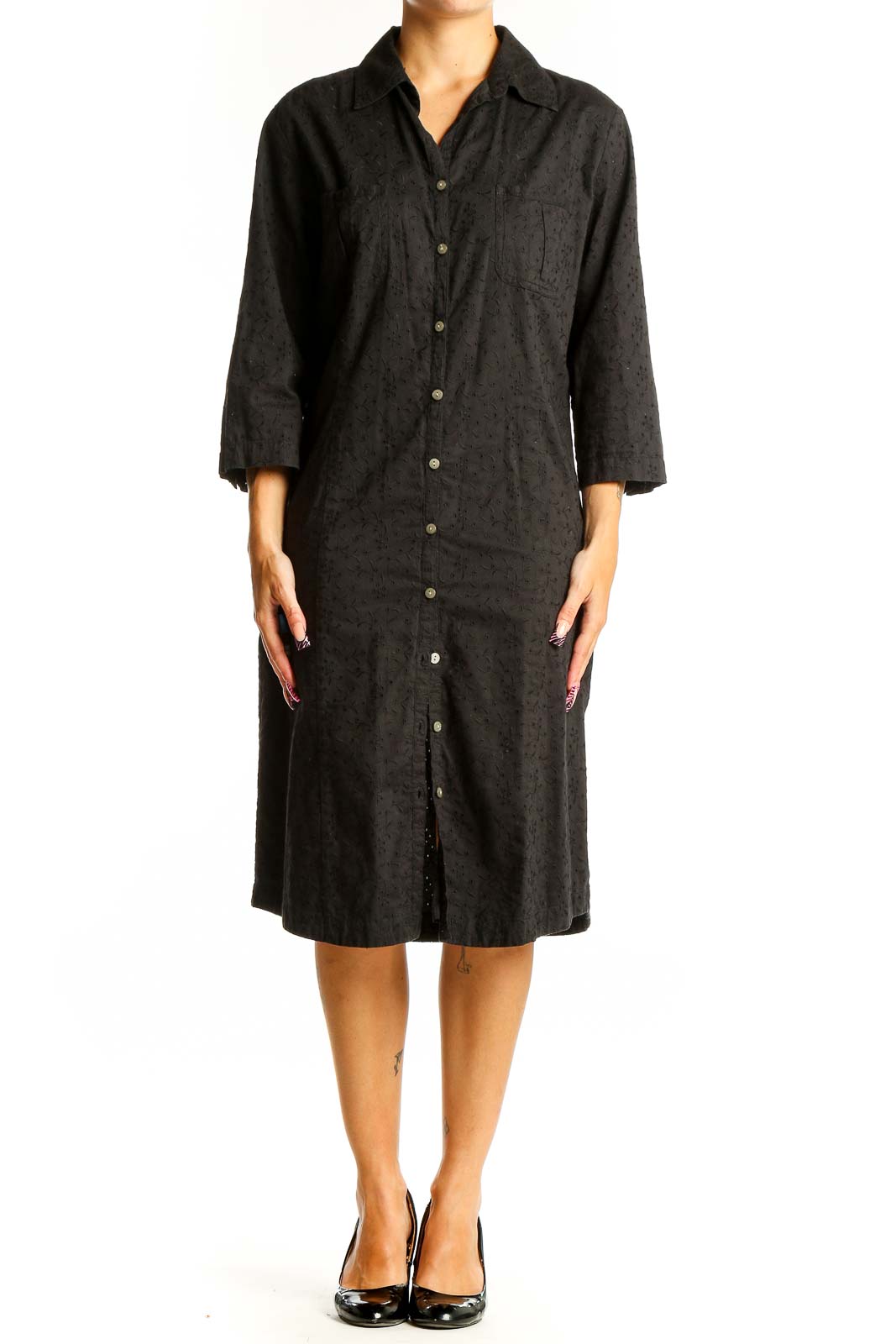 Front view of J.Jill black cotton button-down shirt dress