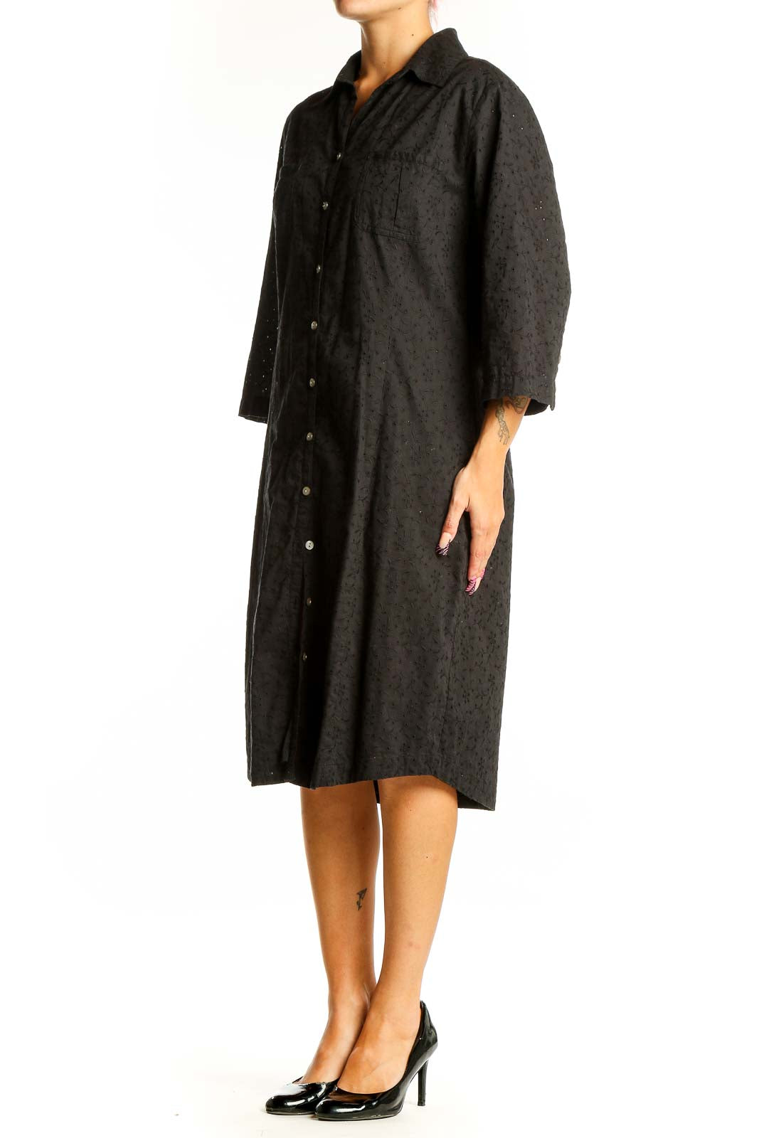 Front view of J.Jill black cotton button-down shirt dress