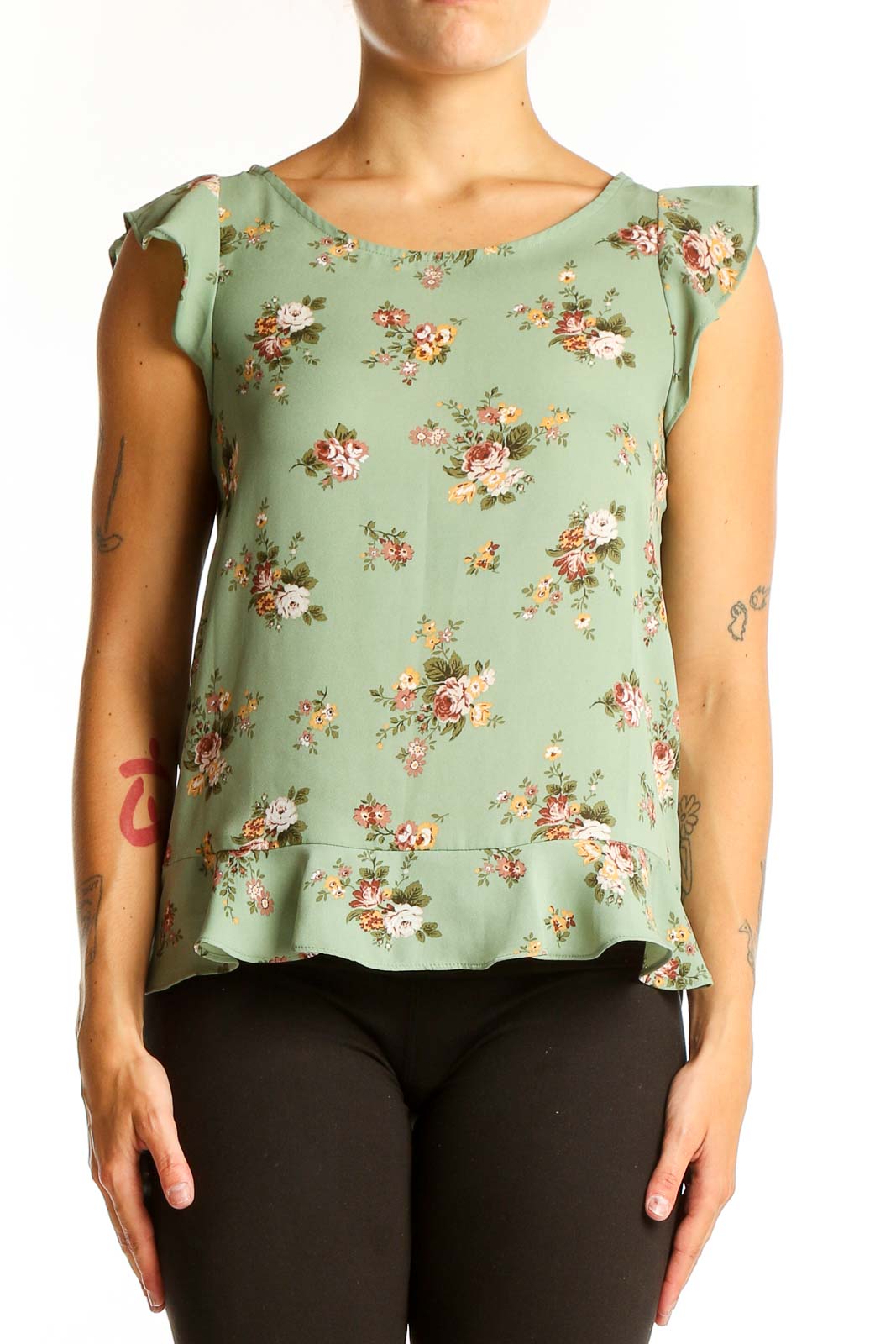 Front view of sage green LOFT blouse with floral print and ruffle sleeves
