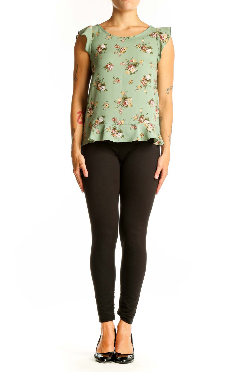 Front view of sage green LOFT blouse with floral print and ruffle sleeves