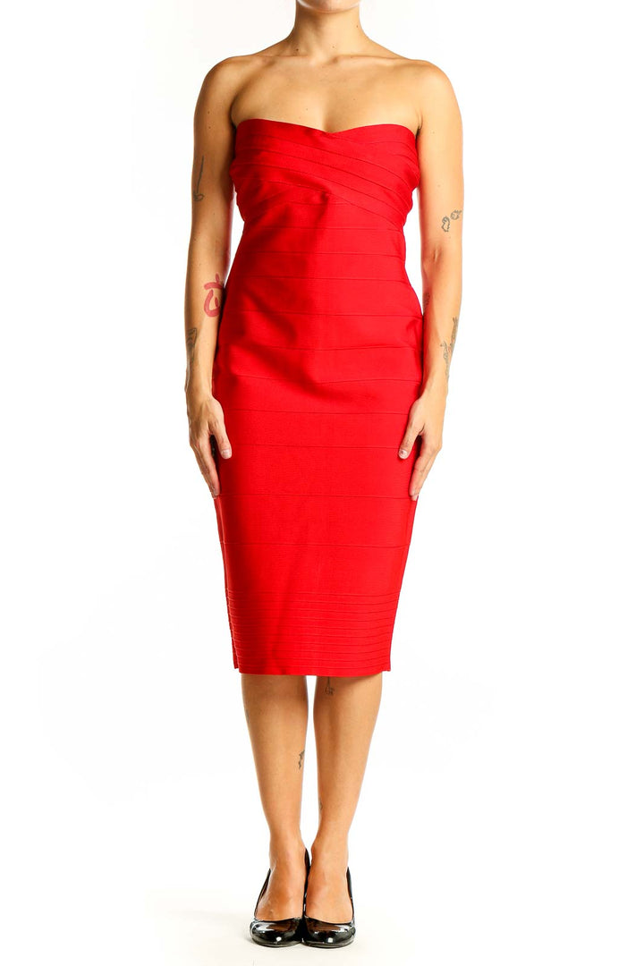 Front view of red strapless bodycon midi dress with bandage detailing