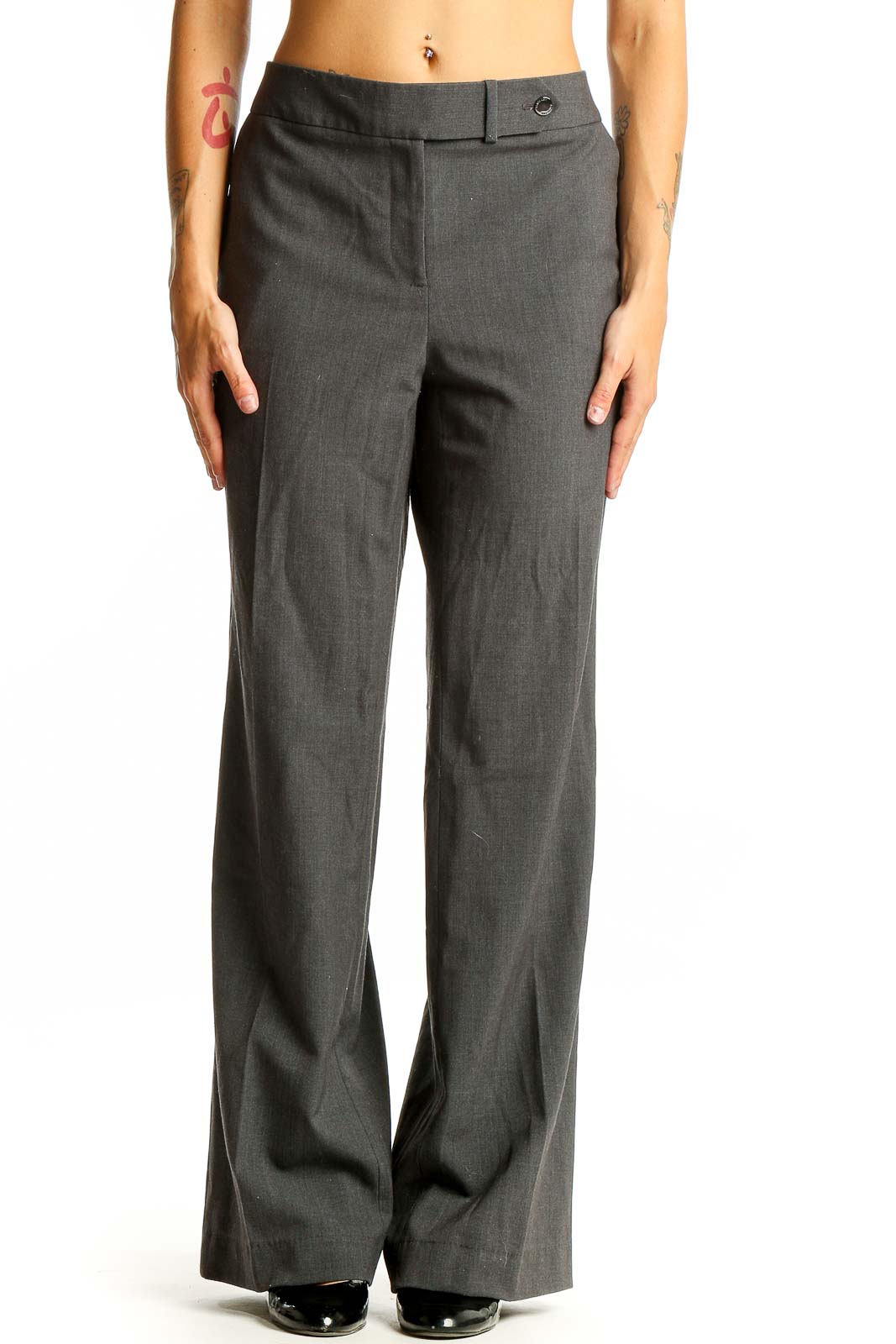 Front view of Calvin Klein gray wide-leg dress pants on model