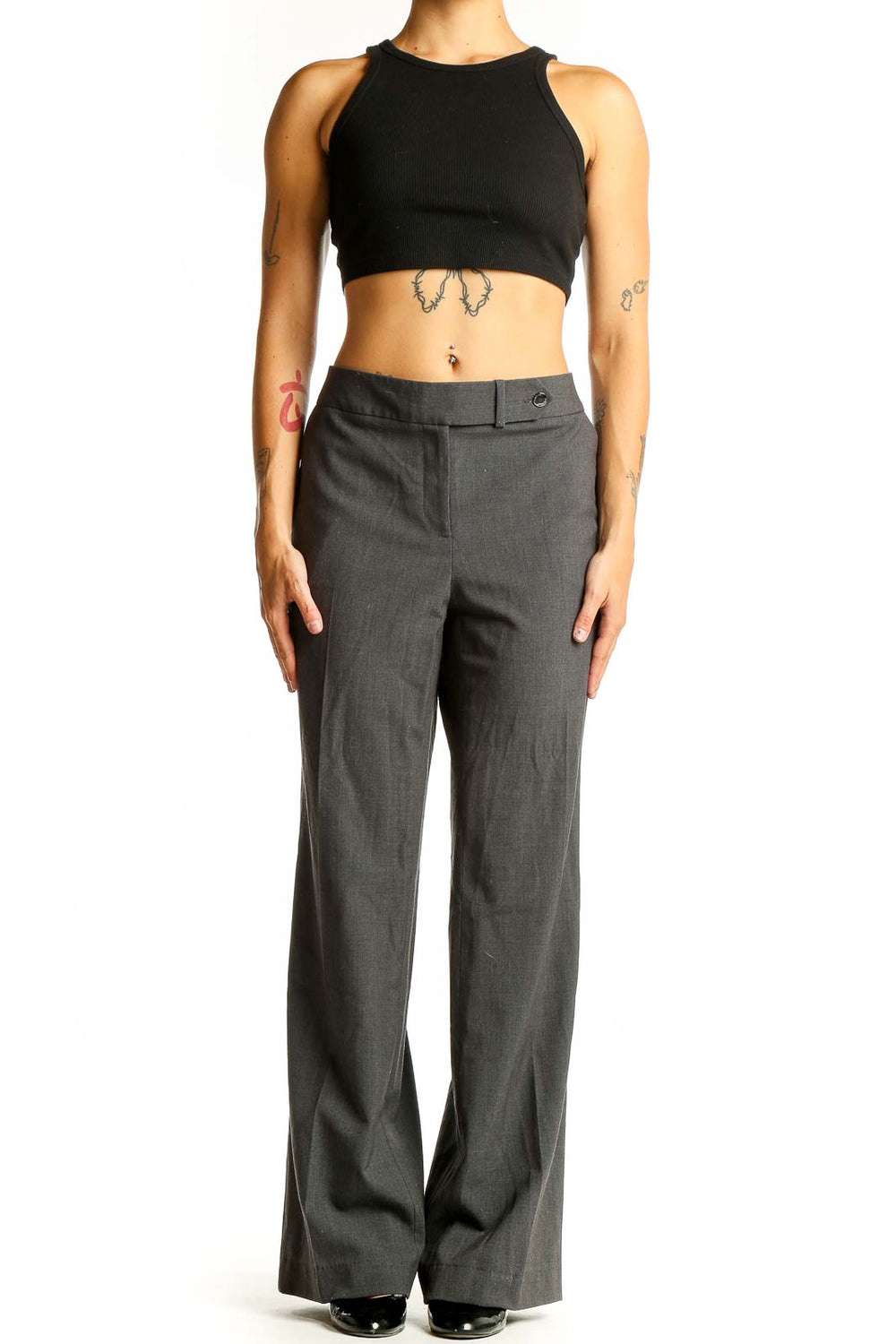 Front view of Calvin Klein gray wide-leg dress pants on model
