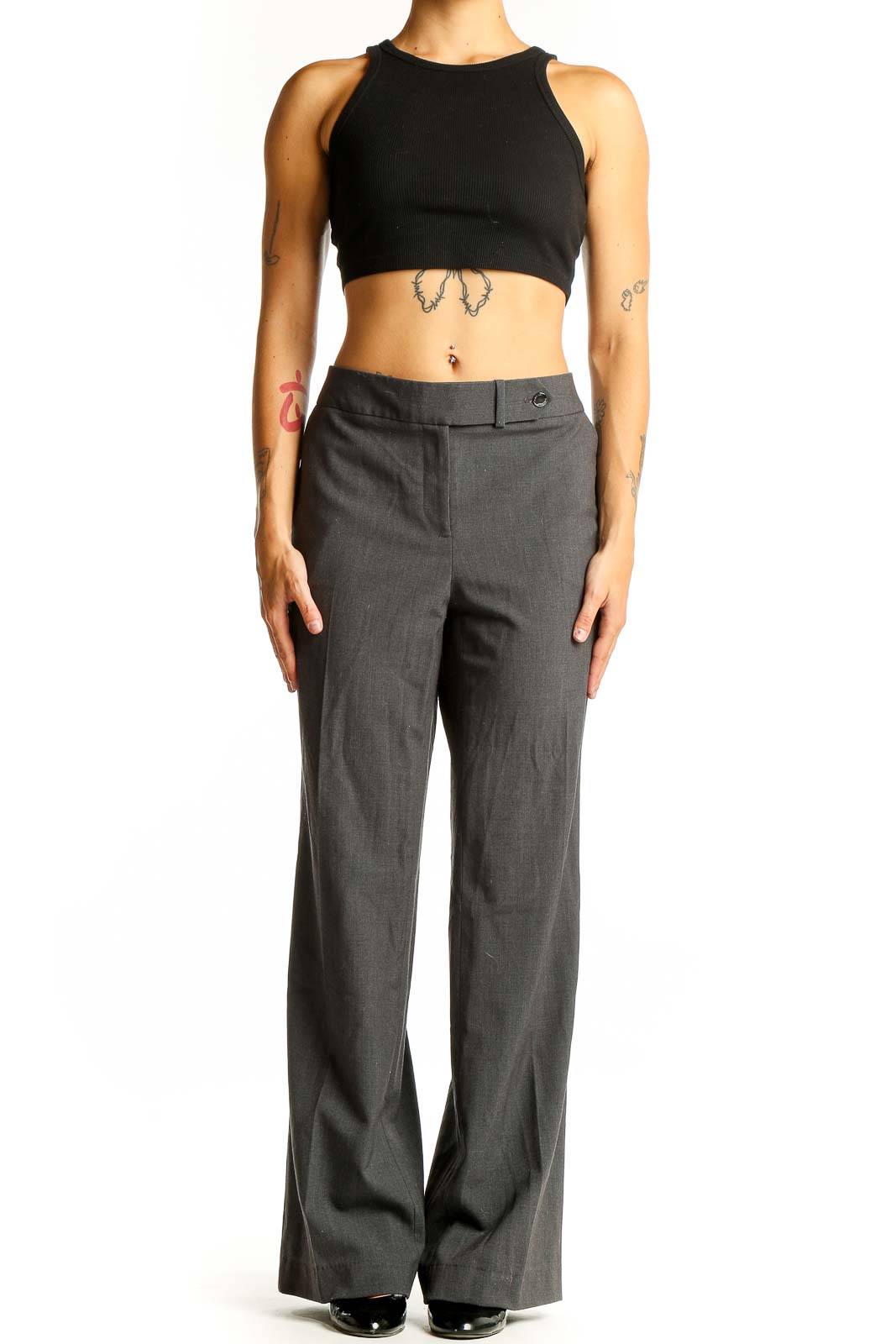 Front view of Calvin Klein gray wide-leg dress pants on model