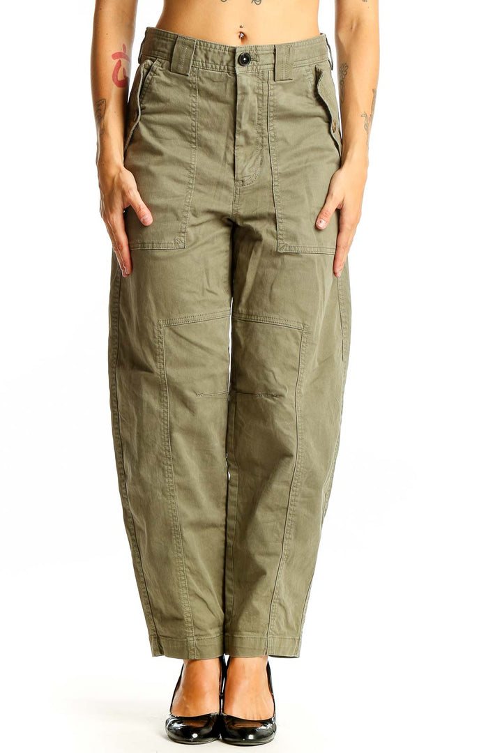 Front view of olive green Banana Republic utility cargo pants
