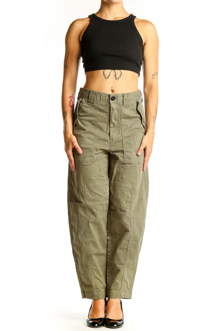 Front view of olive green Banana Republic utility cargo pants