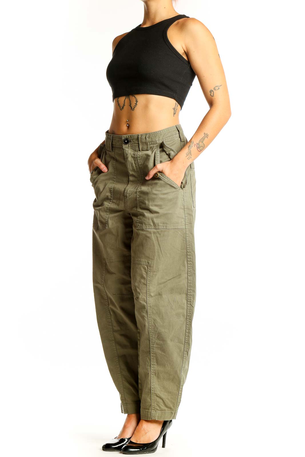 Front view of olive green Banana Republic utility cargo pants