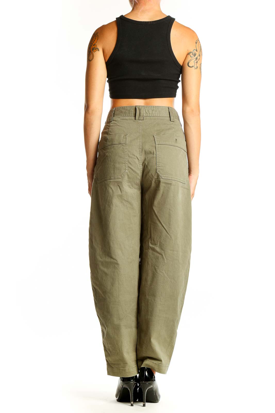 Back view of olive green Banana Republic utility cargo pants on model