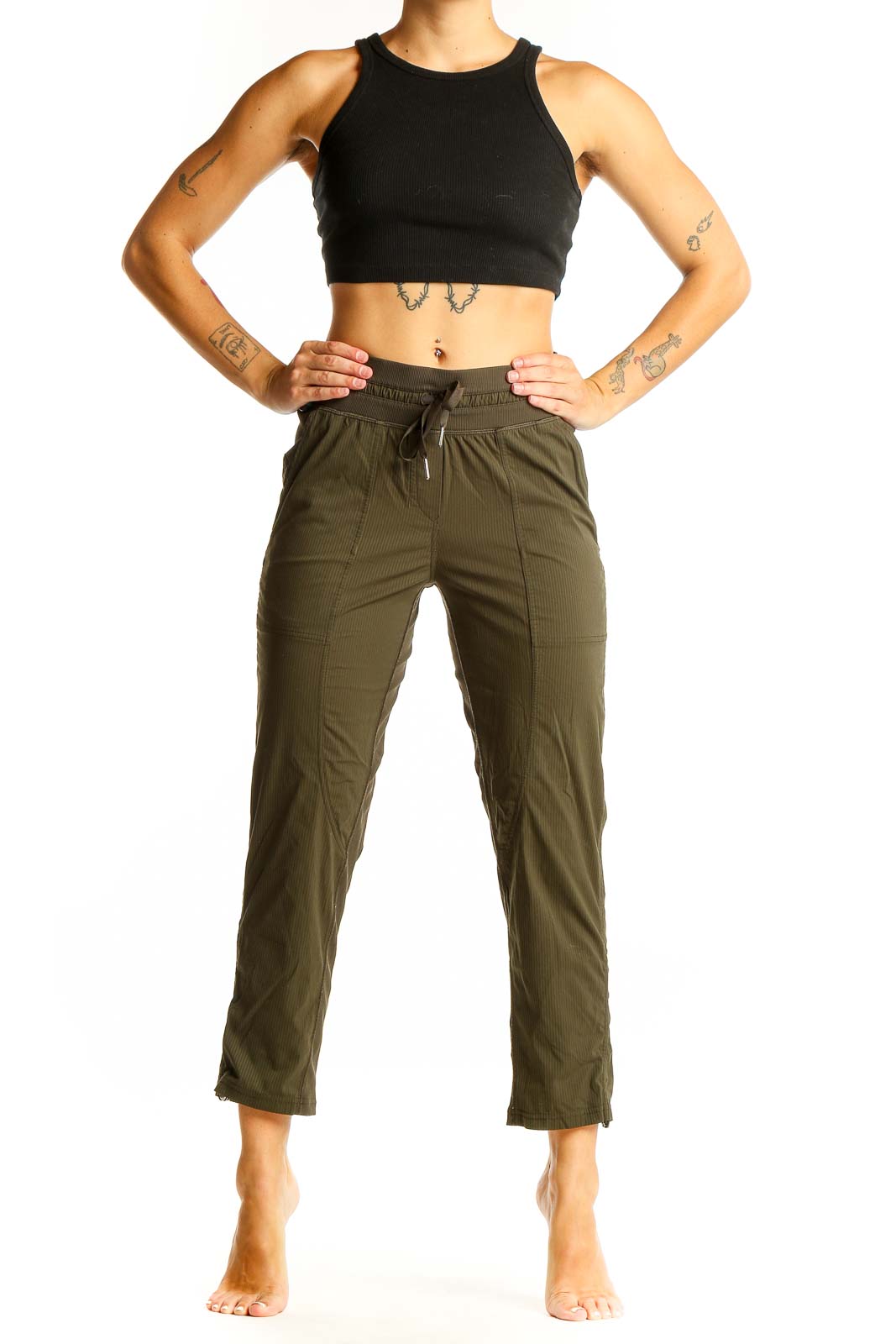 Front view of olive green Lululemon cropped pants with drawstring waist
