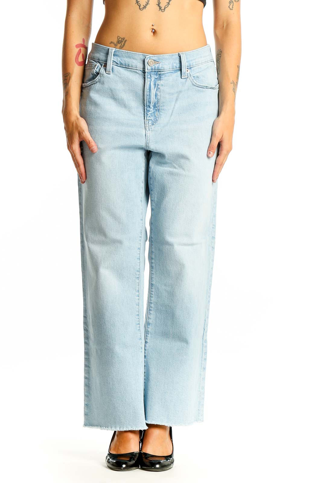 Front view of Gap light blue wide-leg jeans with high-rise waist