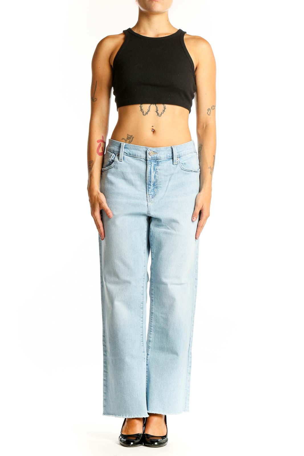 Front view of Gap light blue wide-leg jeans with high-rise waist
