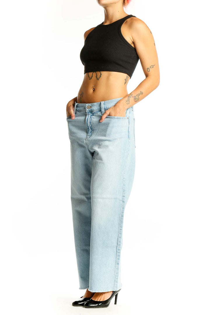 Front view of Gap light blue wide-leg jeans with high-rise waist