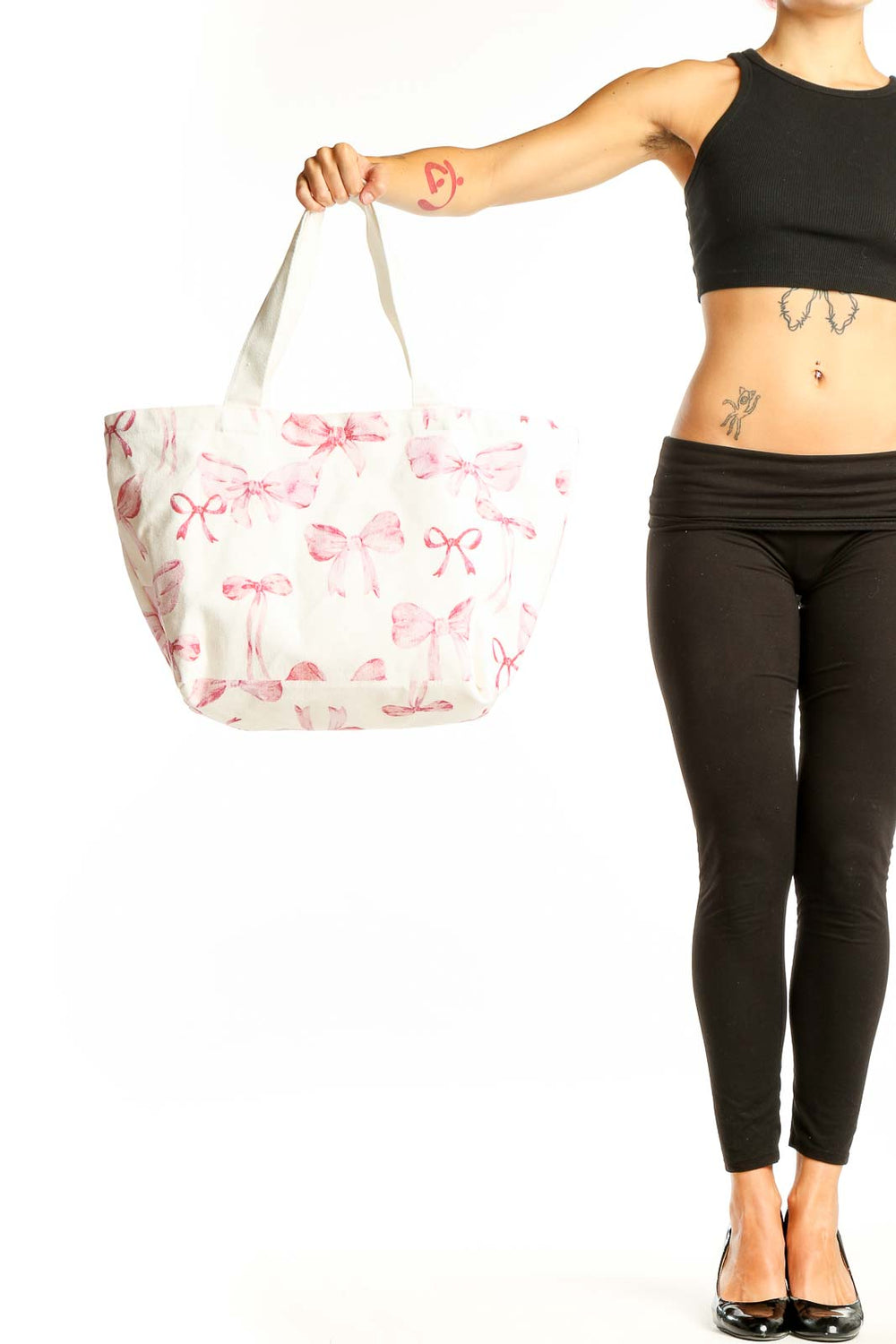 Front view of SilkRoll White and Pink Bow Print Canvas Tote with handles