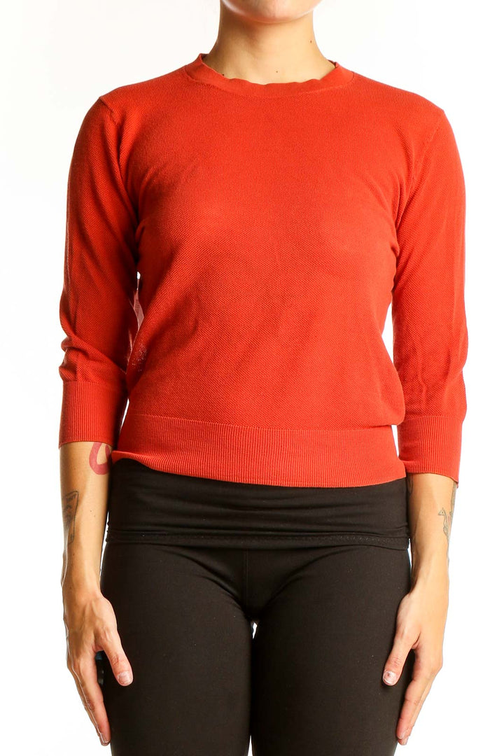 Front view of red Vince cotton crew neck sweater with 3/4 sleeves
