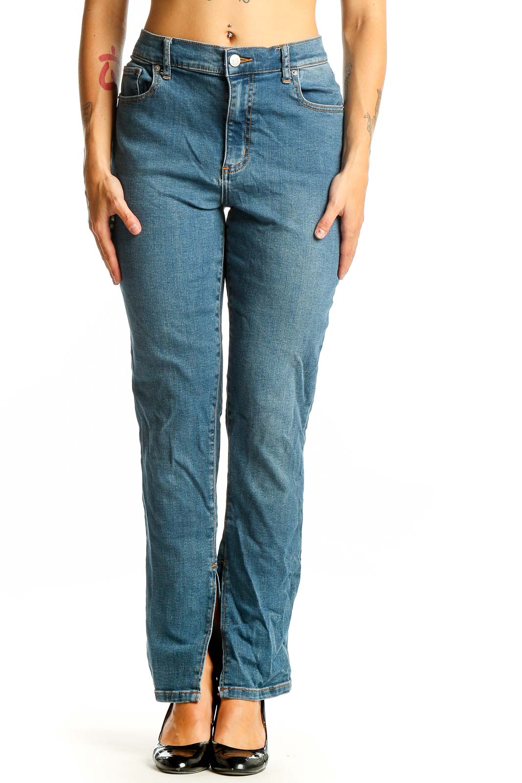 Front view of BDG blue straight leg jeans with split hems