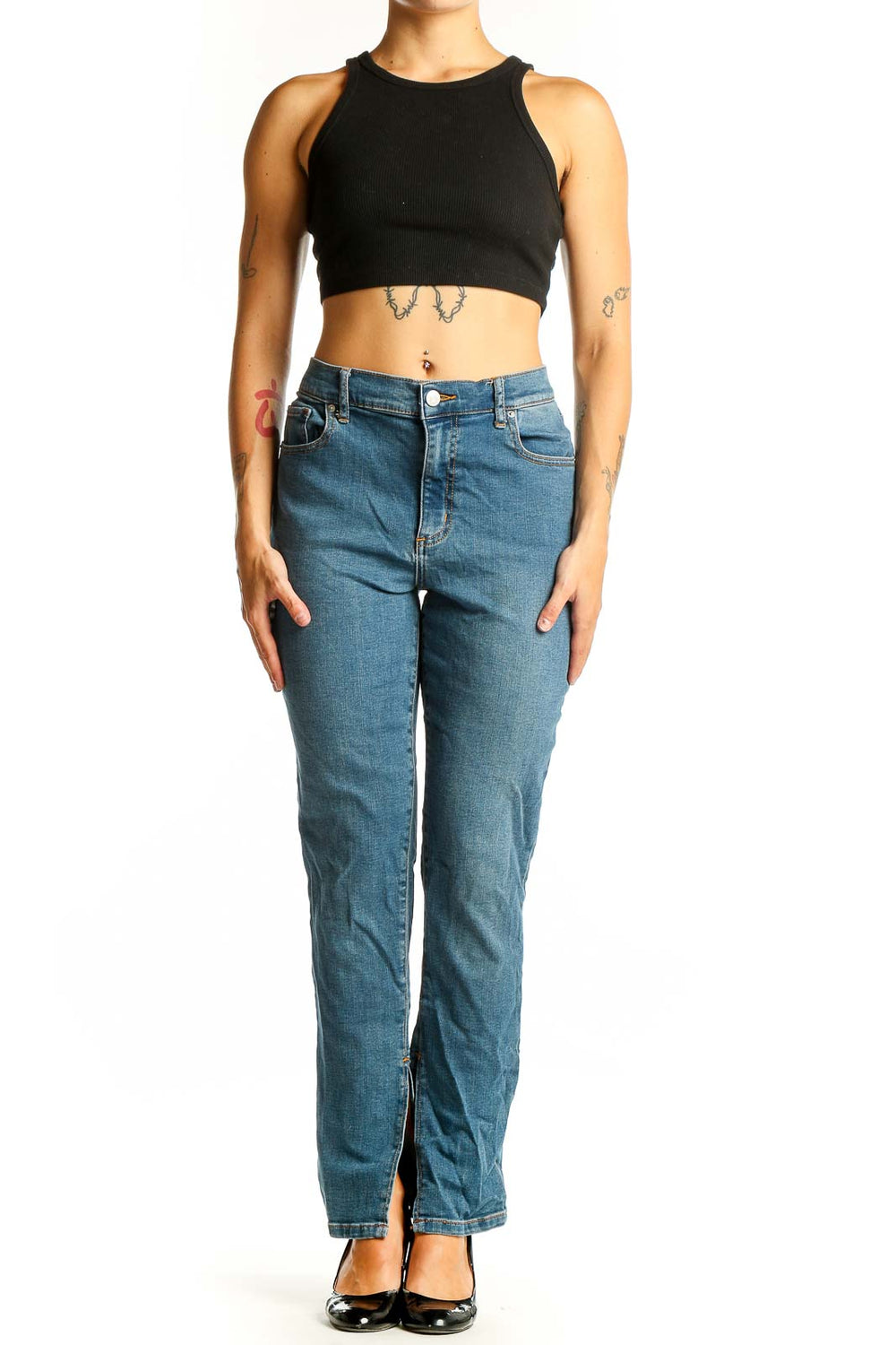 Front view of BDG blue straight leg jeans with split hems
