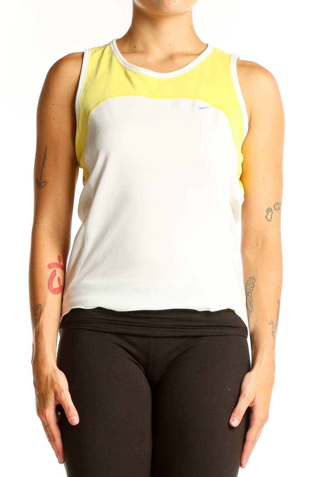 Front view of white Nike athletic tank top with yellow accents