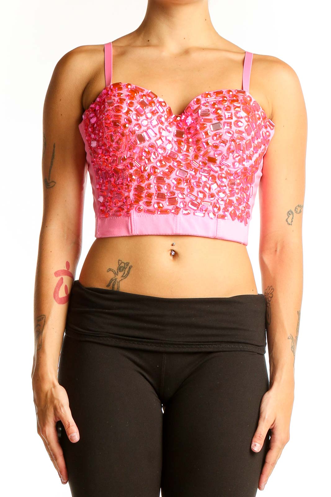 Front view of pink sequined crop top with sweetheart neckline