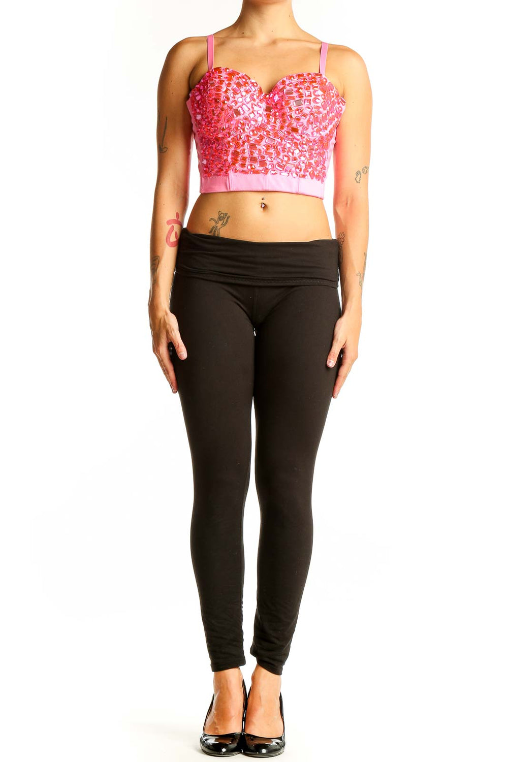 Front view of pink sequined crop top with sweetheart neckline