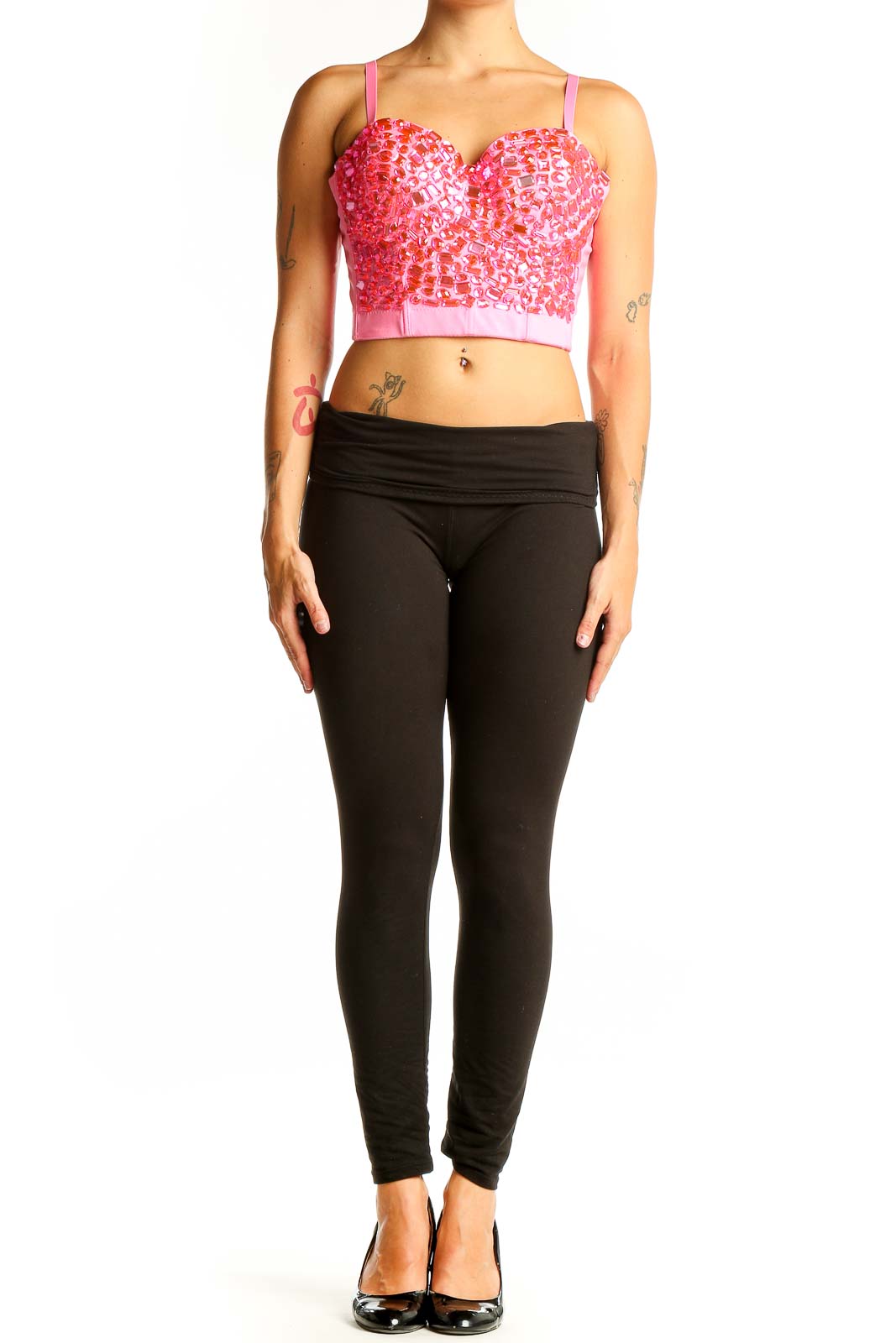 Front view of pink sequined crop top with sweetheart neckline