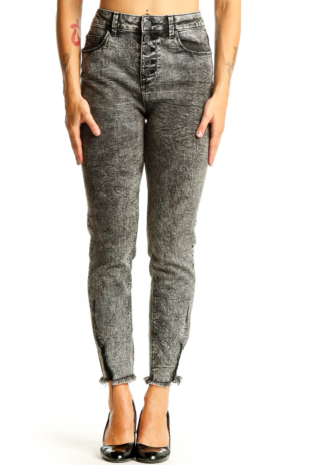 Front view of Indigo Rein gray acid wash high-waisted skinny jeans