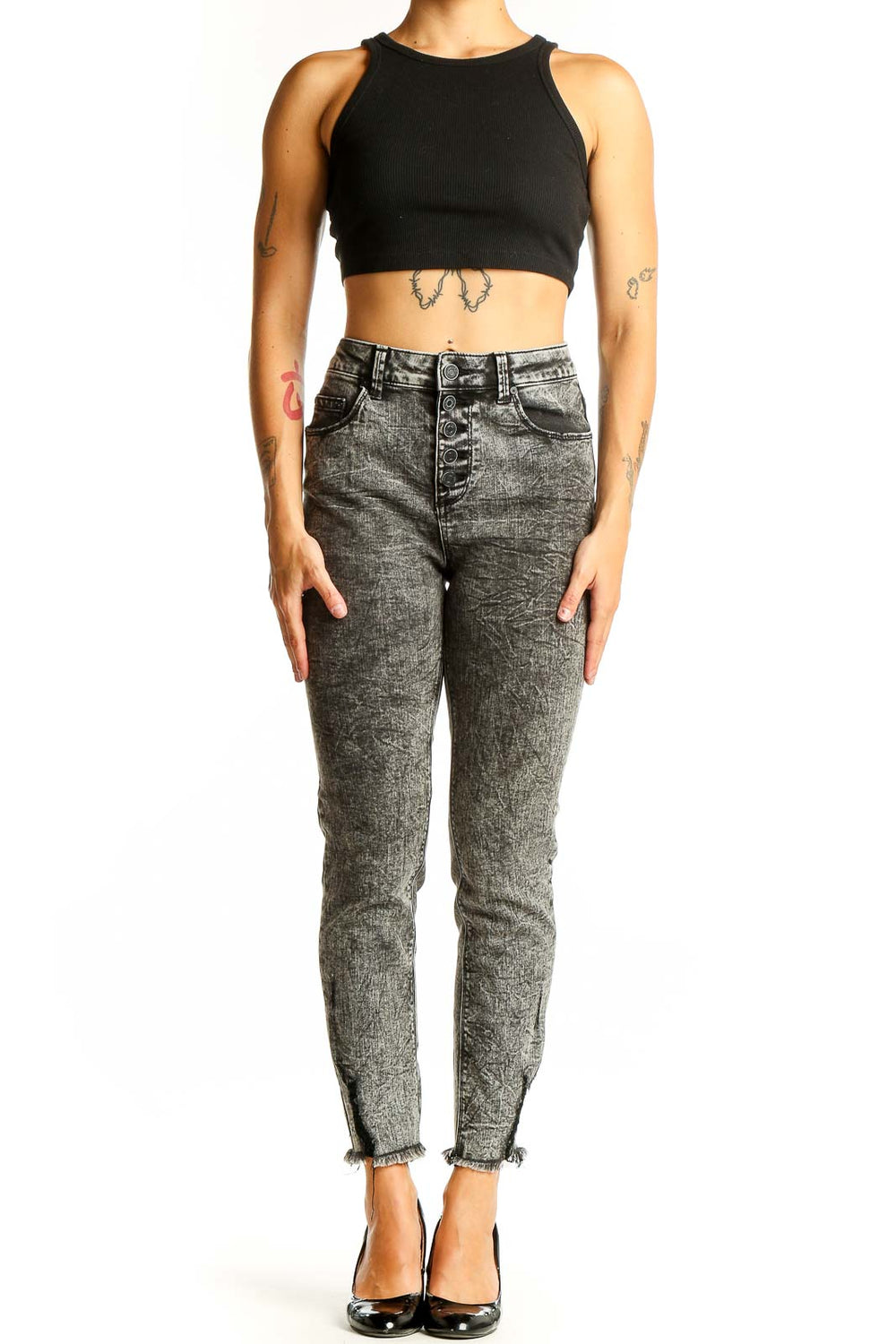 Front view of Indigo Rein gray acid wash high-waisted skinny jeans