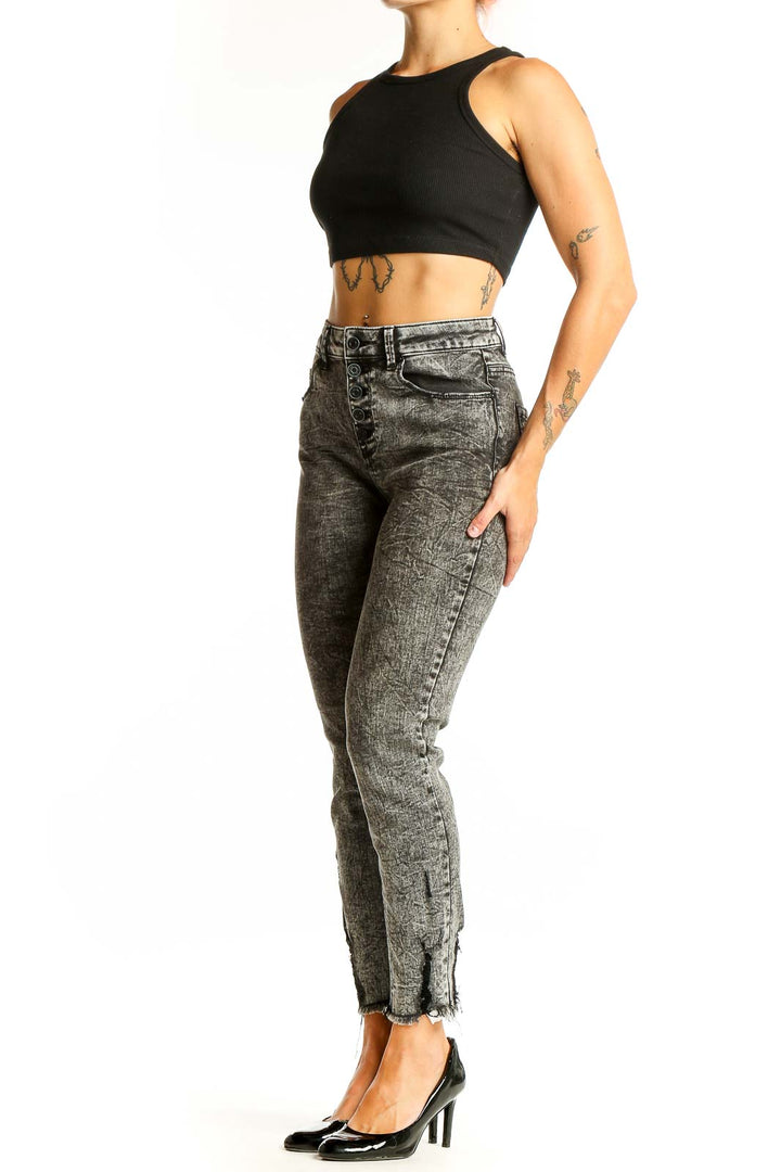 Front view of Indigo Rein gray acid wash high-waisted skinny jeans