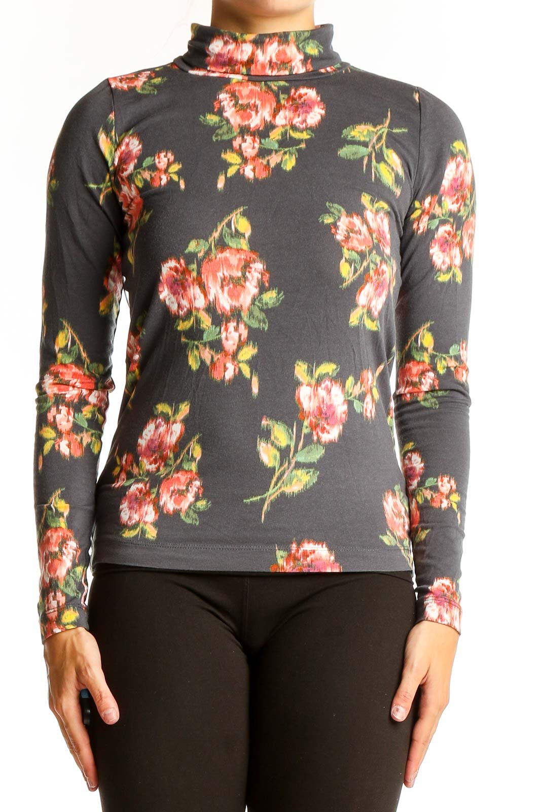 Front view of LOFT gray turtleneck top with pink and yellow floral print