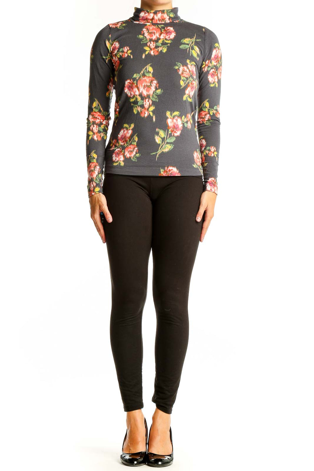 Front view of LOFT gray turtleneck top with pink and yellow floral print