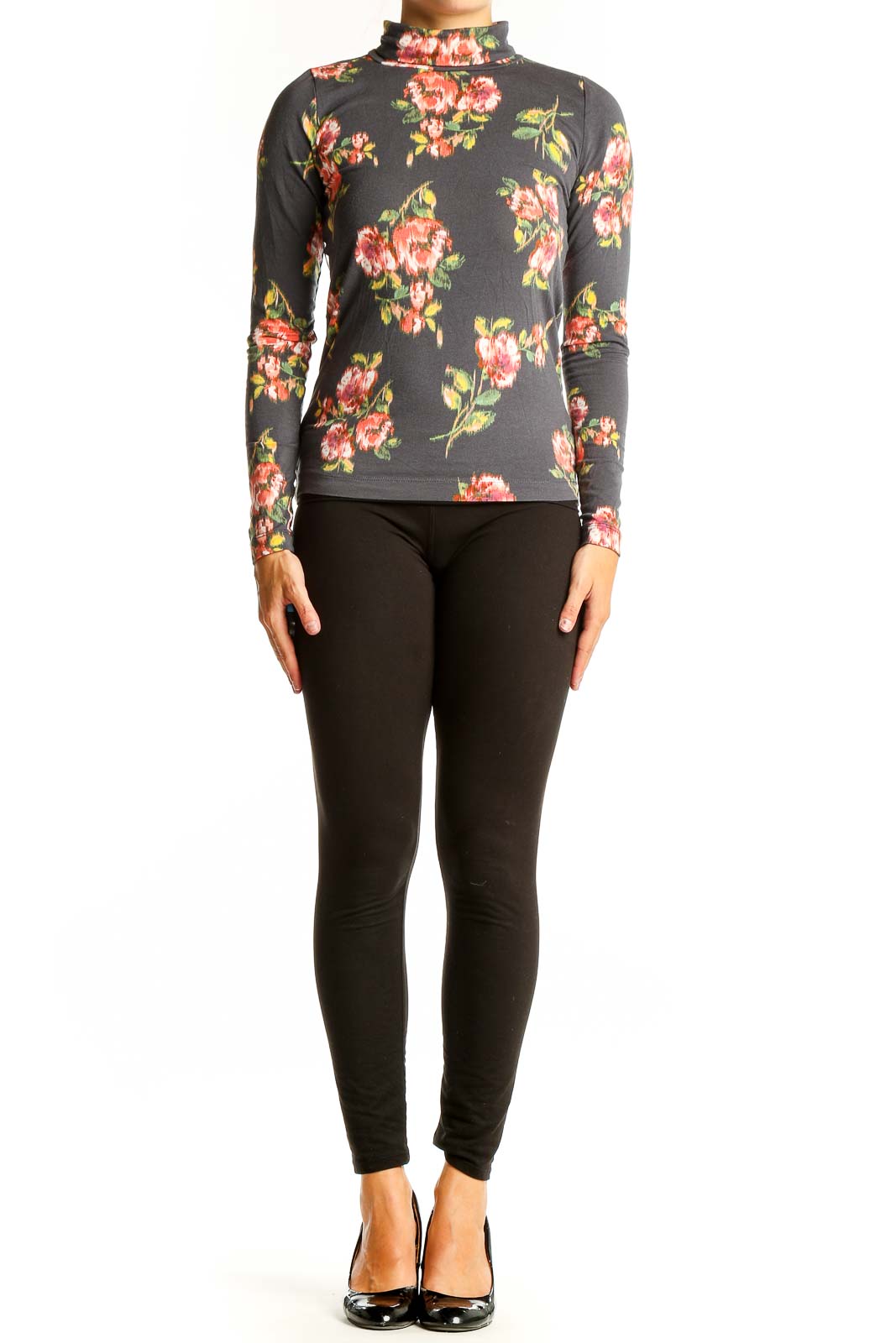 Front view of LOFT gray turtleneck top with pink and yellow floral print