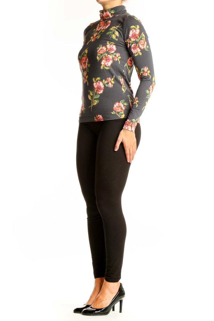 Front view of LOFT gray turtleneck top with pink and yellow floral print