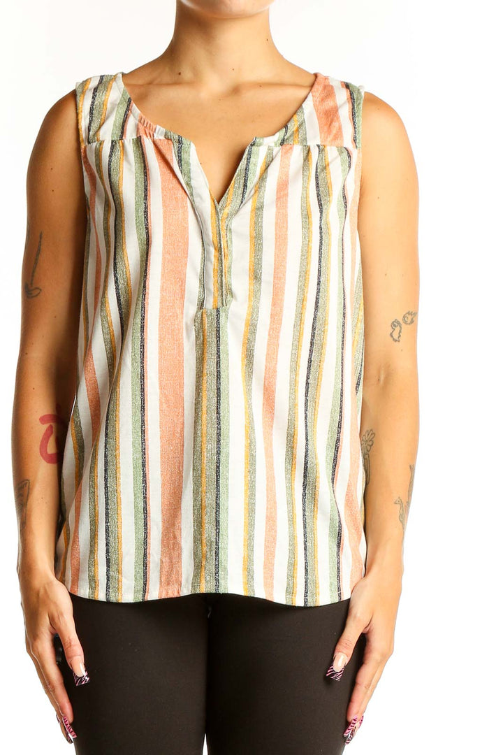 Front view of Eden & Olivia multicolor striped sleeveless blouse