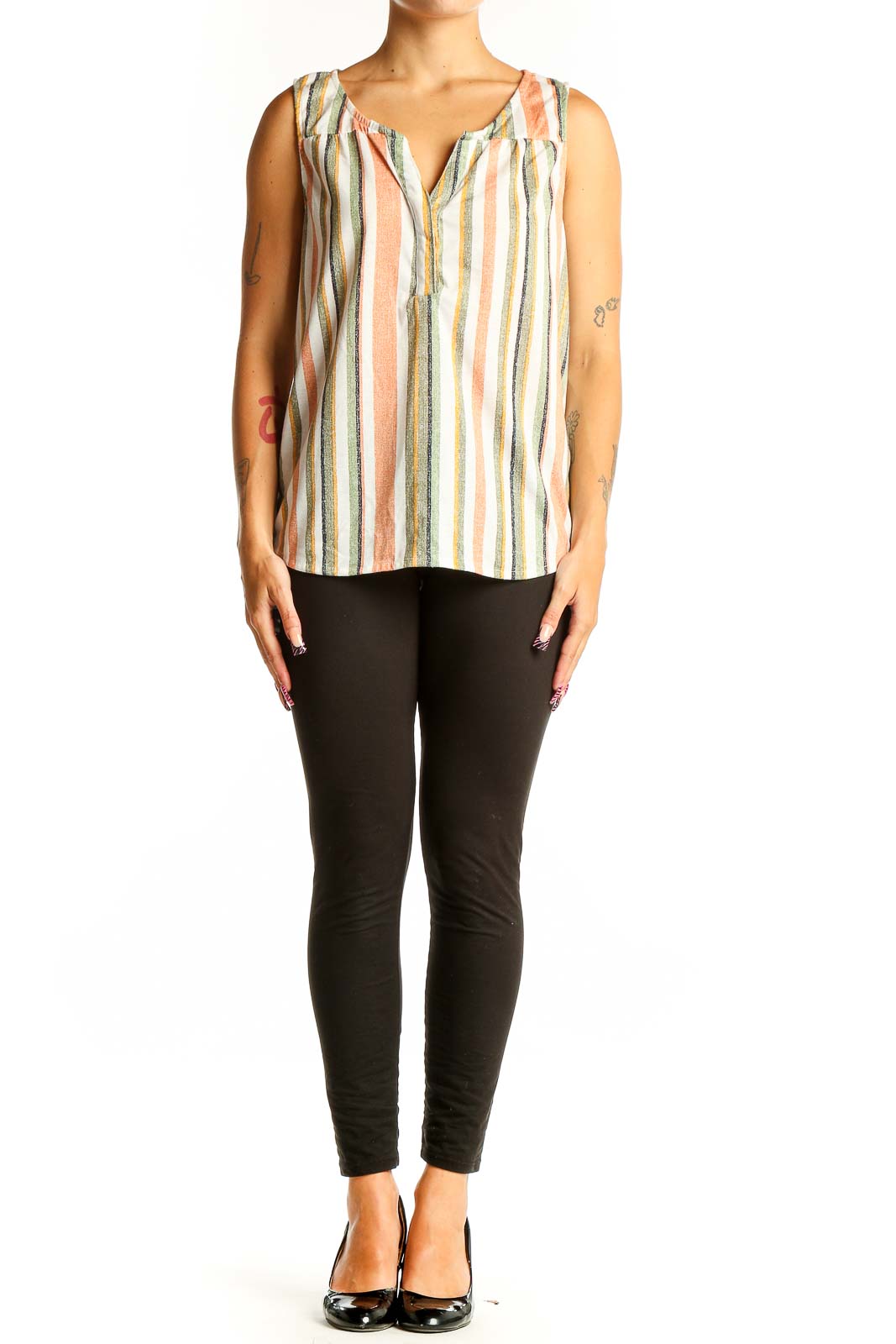 Front view of Eden & Olivia multicolor striped sleeveless blouse
