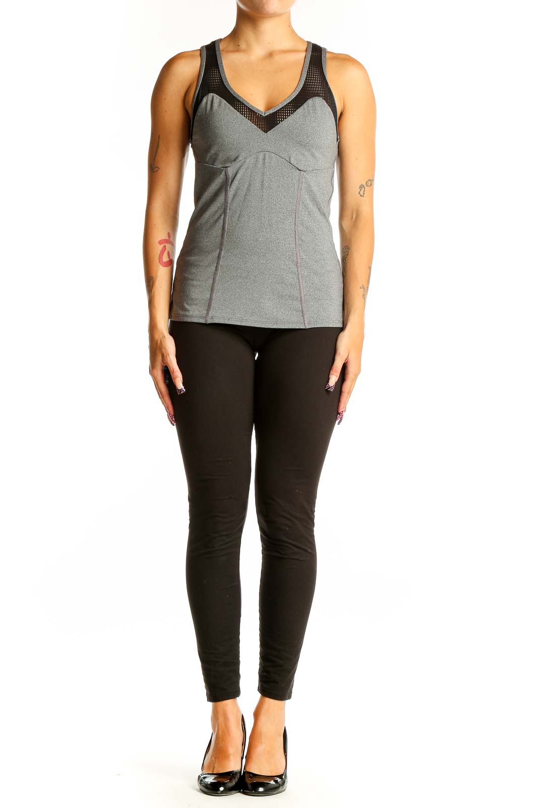 Front view of Trina Turk gray racerback tank top with mesh panel