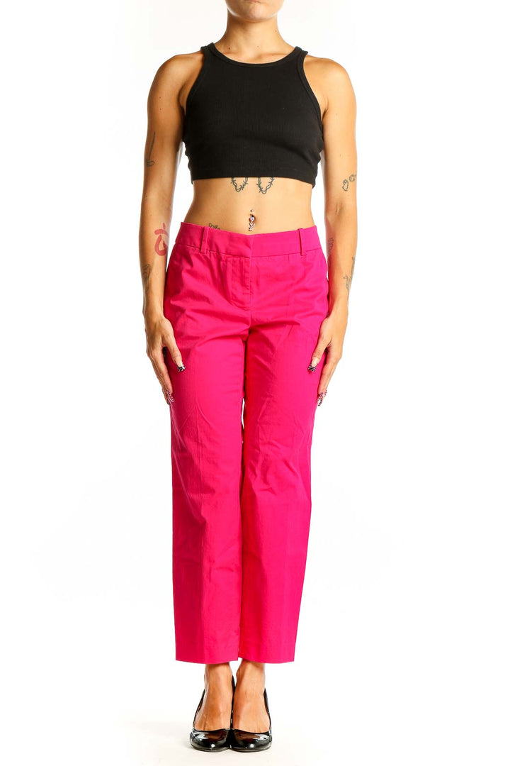 Front view of J.Crew hot pink ankle pants with straight-leg design
