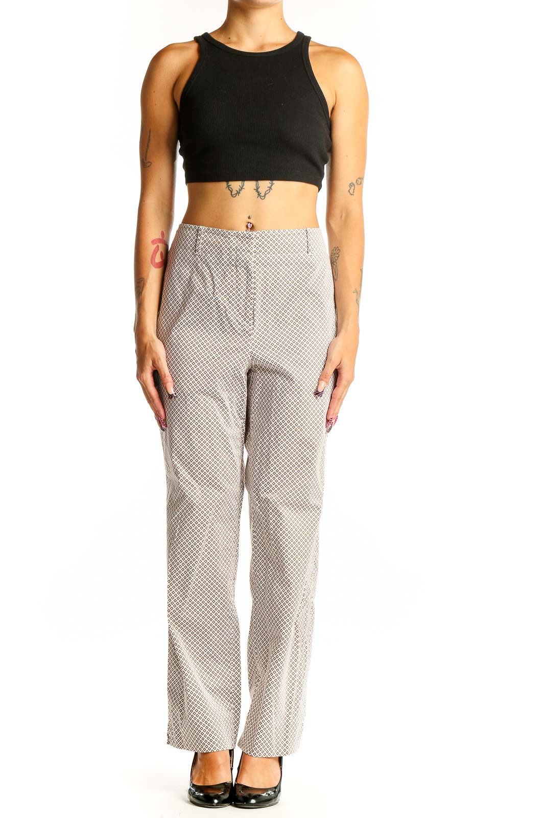 Front view of beige Talbots trousers with diamond pattern
