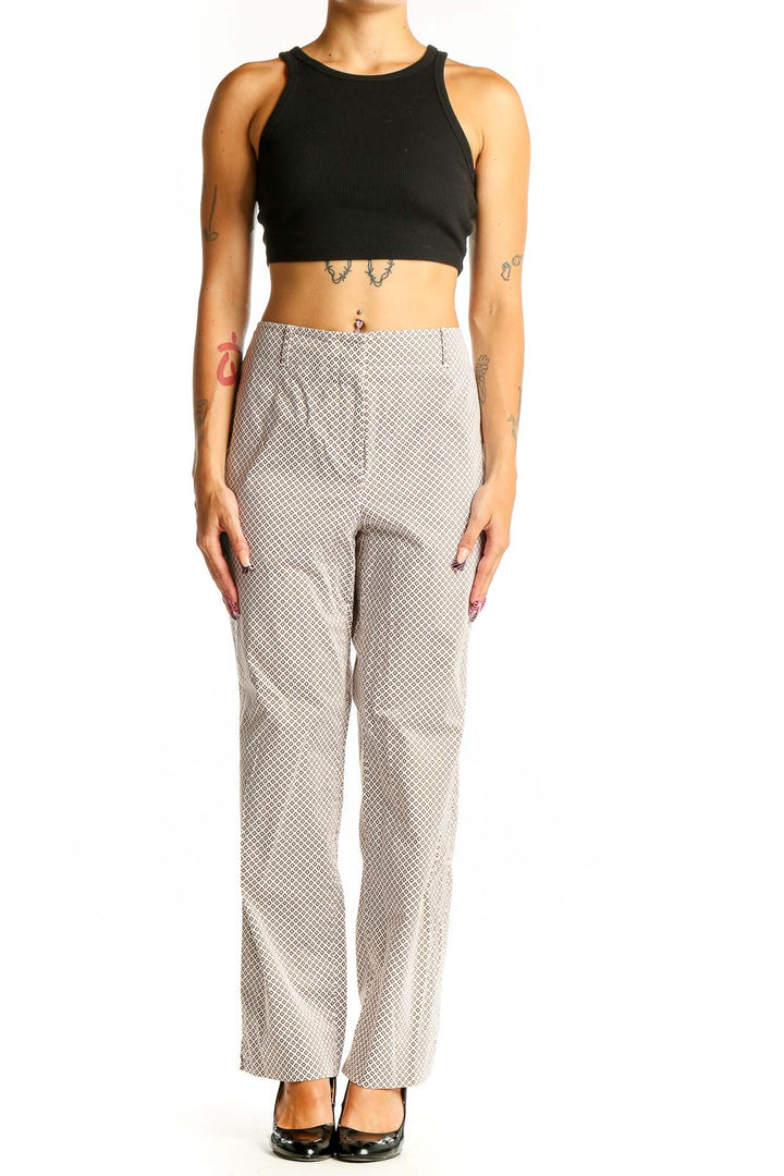 Front view of beige Talbots trousers with diamond pattern