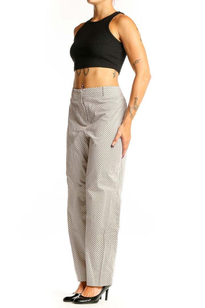 Front view of beige Talbots trousers with diamond pattern