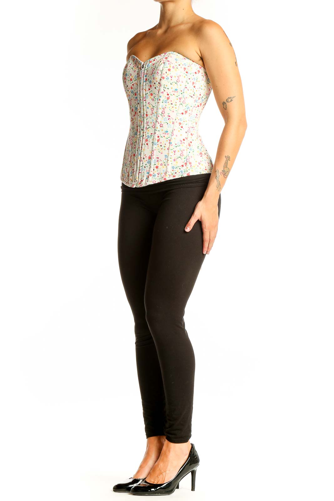 Front view of white floral cotton corset top with sweetheart neckline