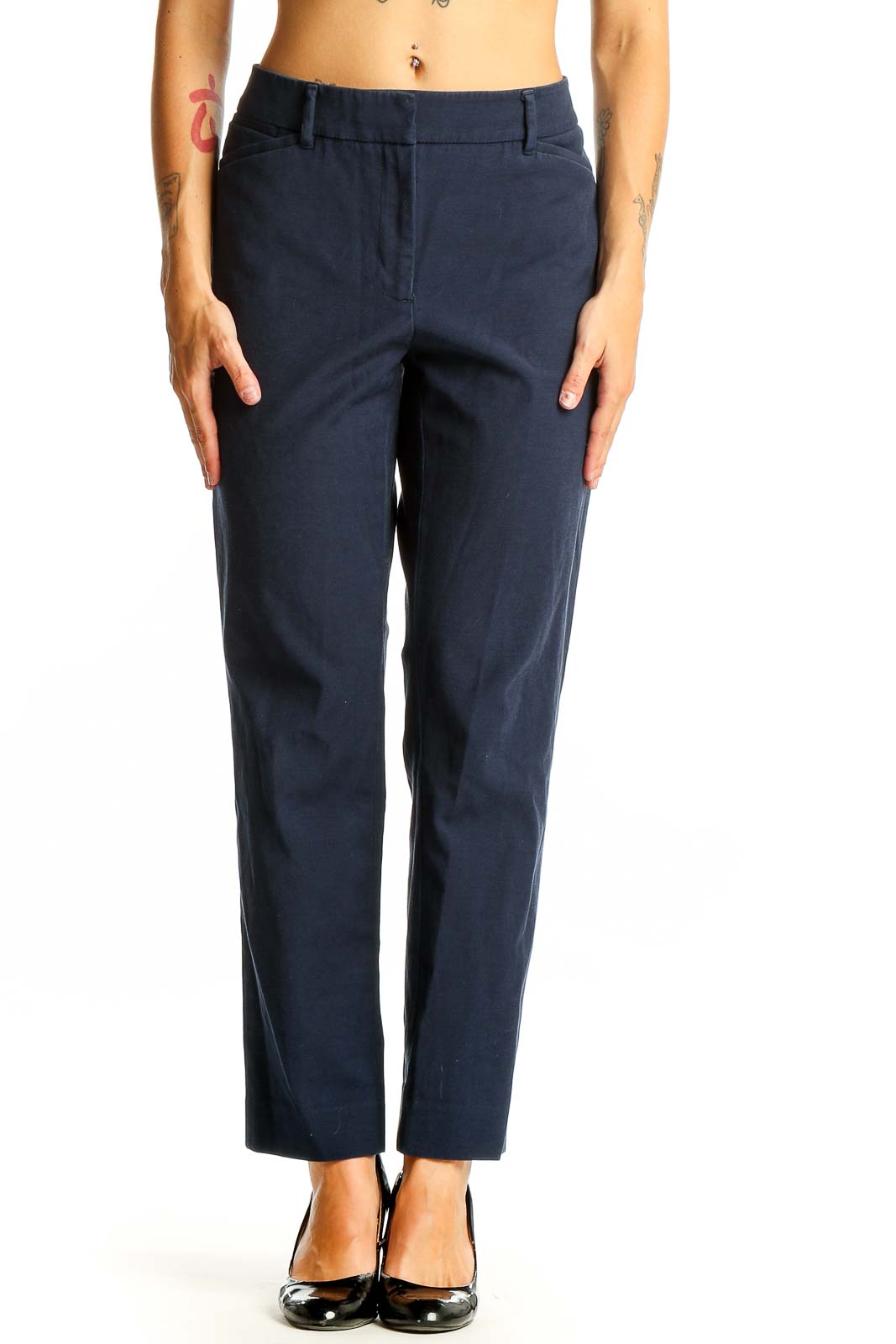 Front view of White House Black Market navy straight leg trousers on model