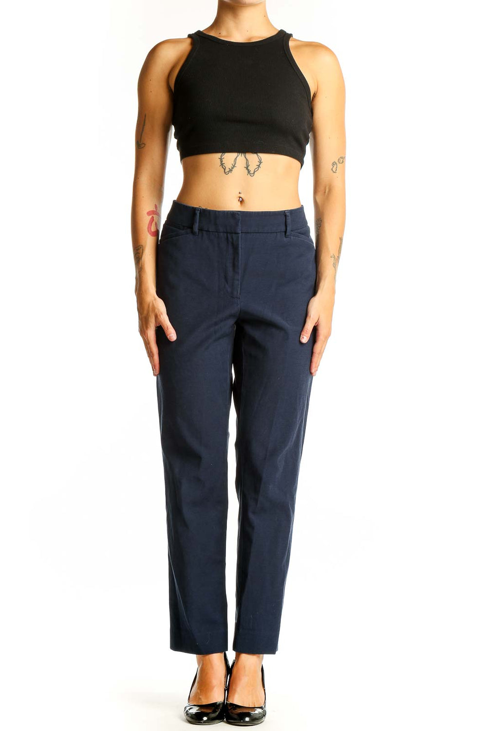 Front view of White House Black Market navy straight leg trousers on model