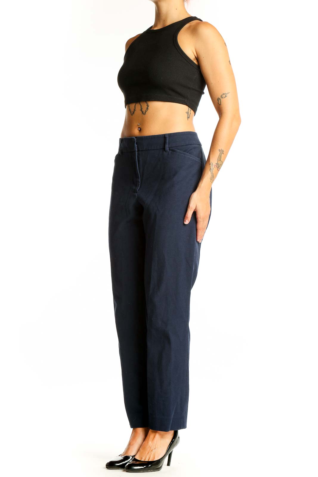 Front view of White House Black Market navy straight leg trousers on model