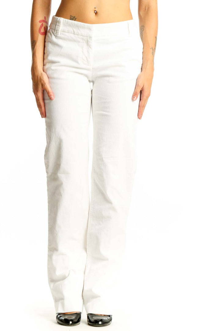 Front view of J.Crew white straight leg pants on model