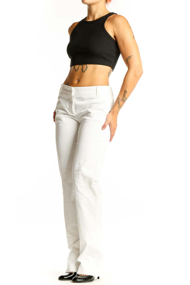 Front view of J.Crew white straight leg pants on model