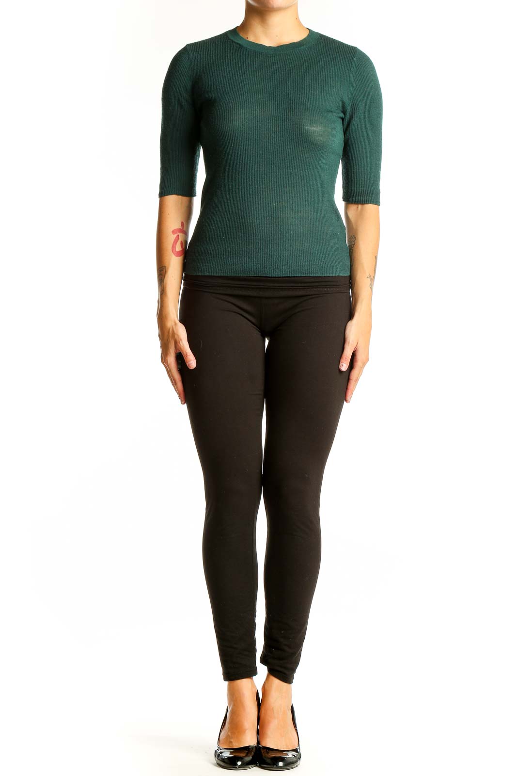 Front view of green ribbed wool Vince sweater with crewneck and elbow-length sleeves