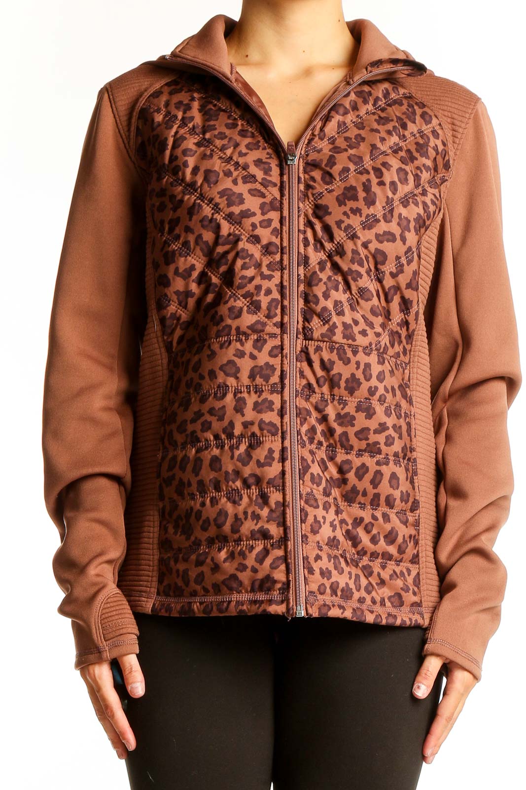 Front view of Tek Gear brown leopard print athletic jacket with quilted design