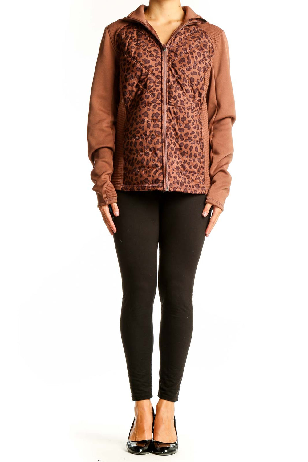 Front view of Tek Gear brown leopard print athletic jacket with quilted design