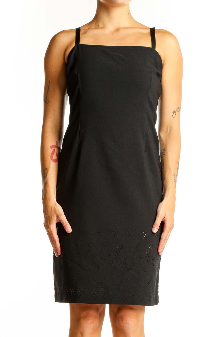 Front view of Cynthia Steffe black sleeveless sheath dress with square neckline